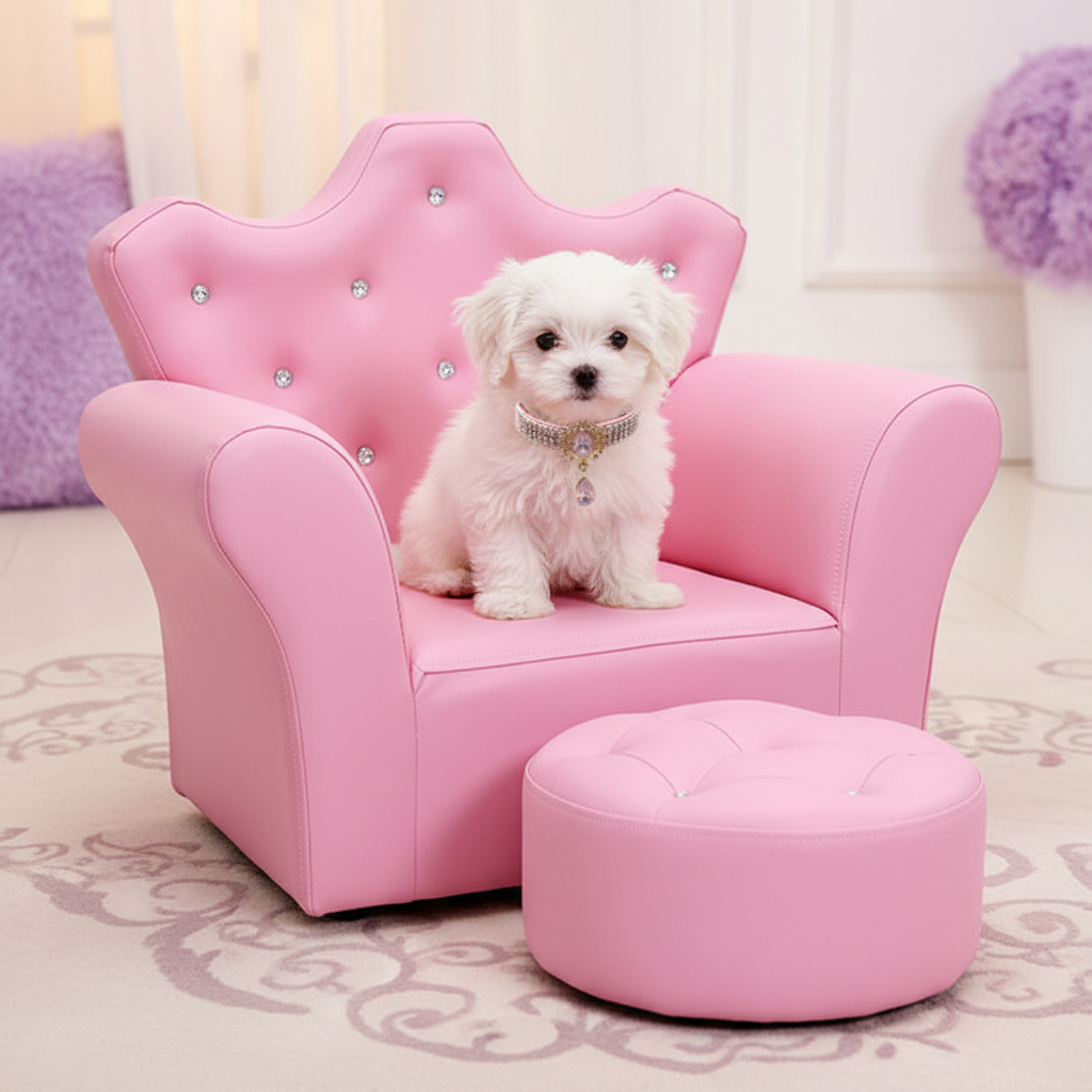 Small white Maltese puppy wearing the lavender gemstone collar on the larger pink royal pet couch