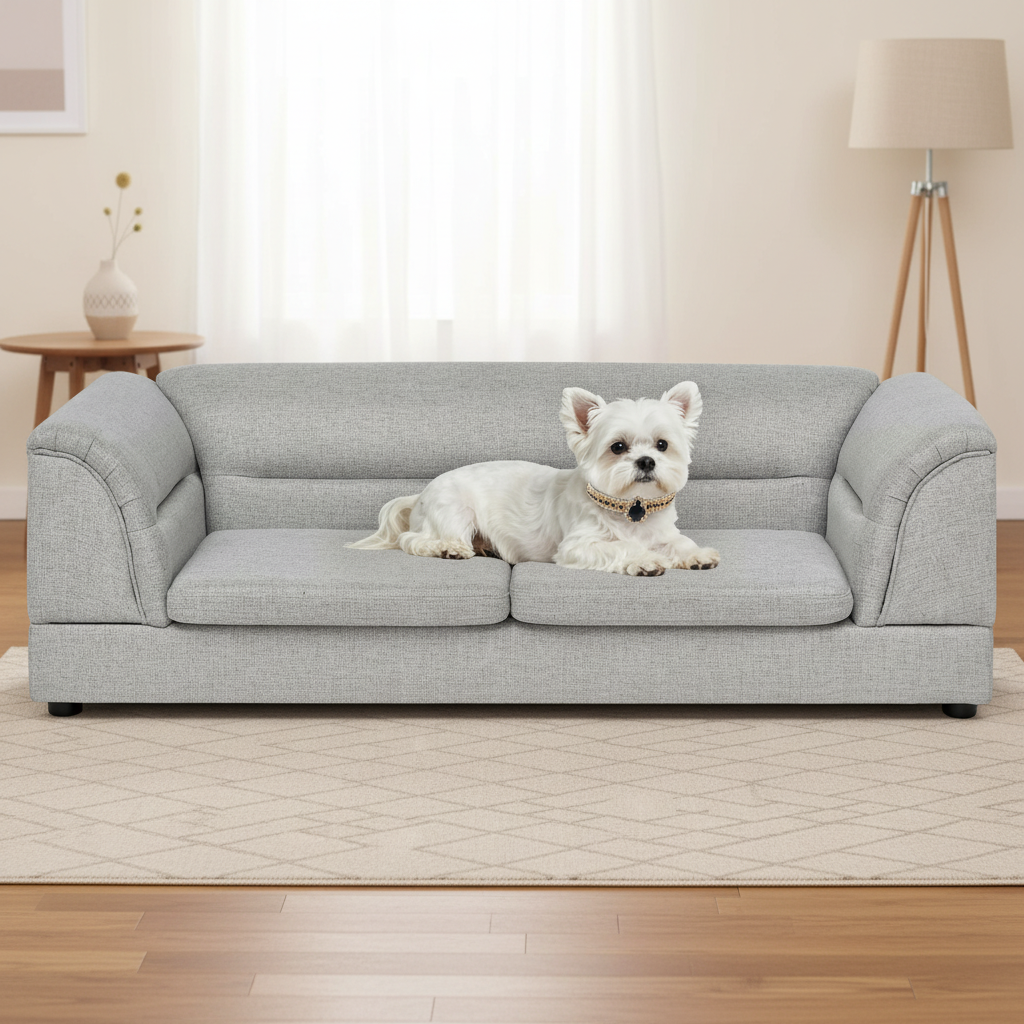 Small white Maltese wearing the black and gold jeweled collar on the gray pet sofa in a living room