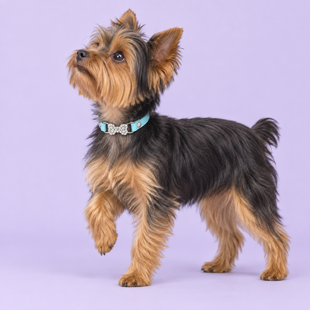 Small Yorkshire terrier pausing with an upward gaze