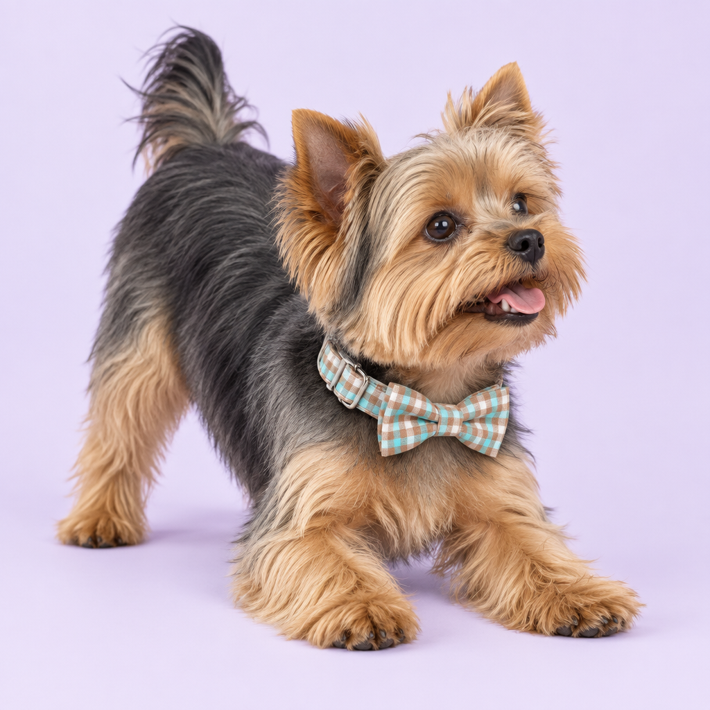 Small Yorkshire Terrier wearing the plaid collar