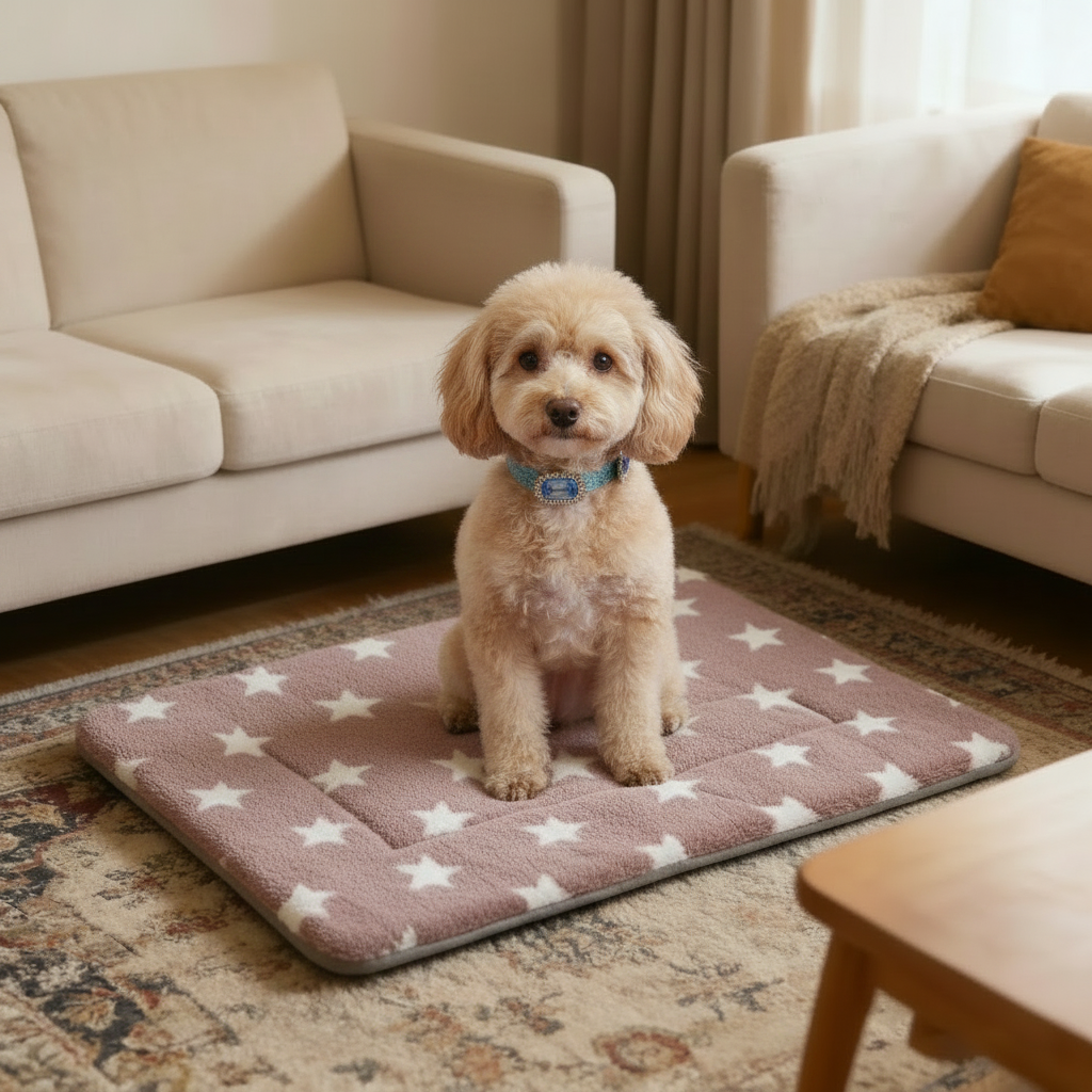 Cream Toy Poodle wearing a blue crystal rhinestone collar sitting on a dusty pink plush star print pet mat in a cozy modern living room