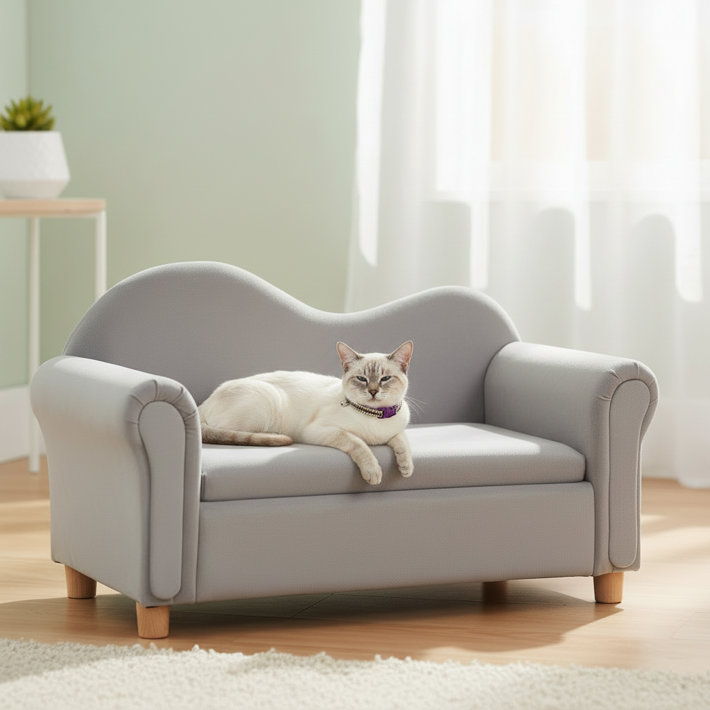 Smaller lavender-point Siamese cat taking up about half of the gray loveseat while wearing the exact purple and black collar