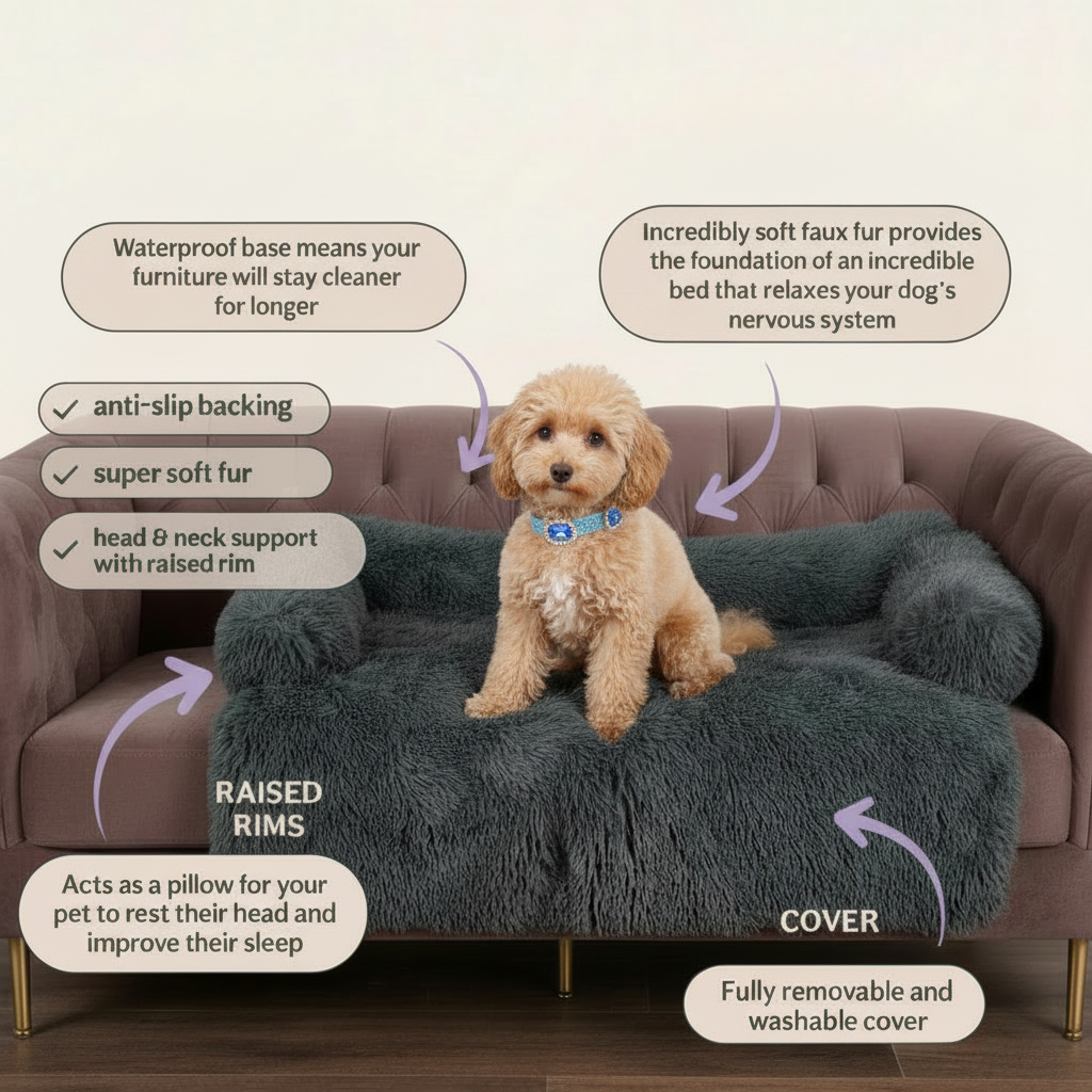 Feature infographic showing a cream Toy Poodle wearing a blue sapphire crystal collar sitting on a dark charcoal grey long shaggy faux fur sofa cover protector draped over a mauve velvet tufted sofa, with callout bubbles highlighting: Waterproof base means your furniture will stay cleaner for longer, Incredibly soft faux fur provides the foundation of an incredible bed that relaxes your dog's nervous system, anti-slip backing, super soft fur, head and neck support with raised rim, Raised Rims — Acts as a 