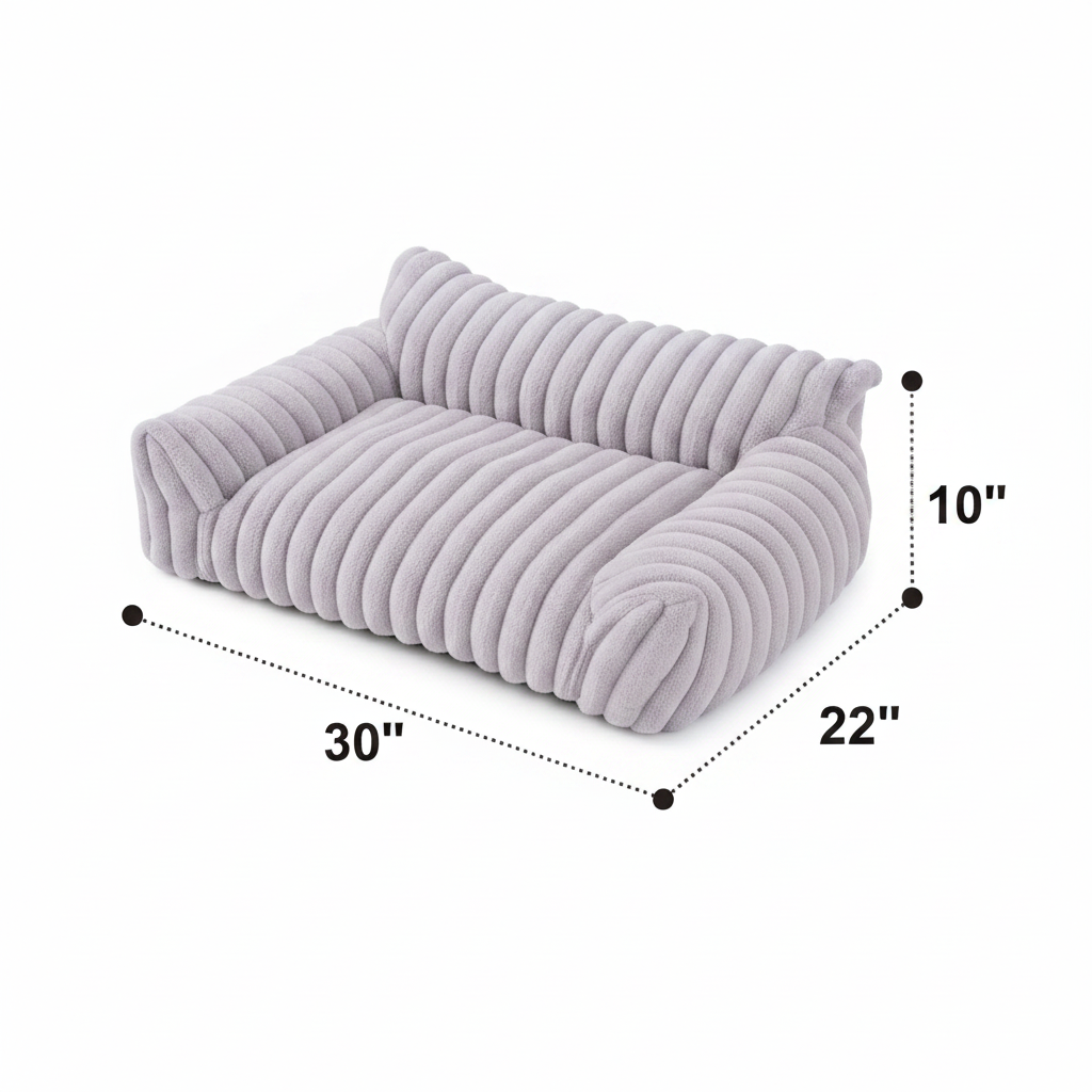 Lavender grey ribbed channel-tufted plush pet sofa bed shown at a 3/4 angle with dimension annotations: 30 inches long, 22 inches wide, and 10 inches tall, on a white background