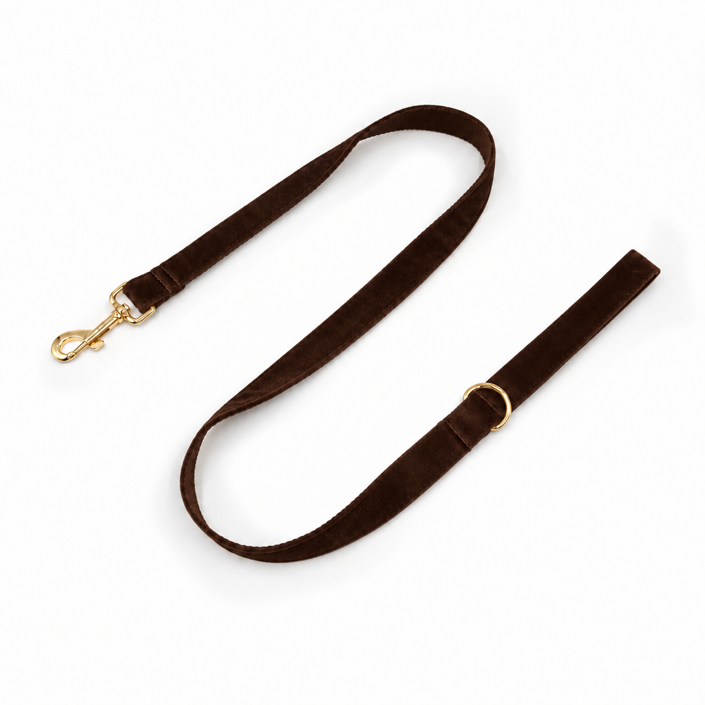 Solid brown velvet leash with gold hardware