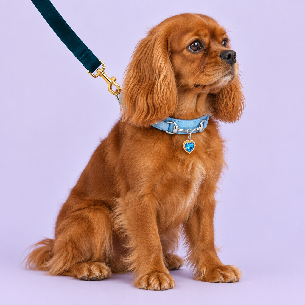 Spaniel with blue heart collar and teal leash