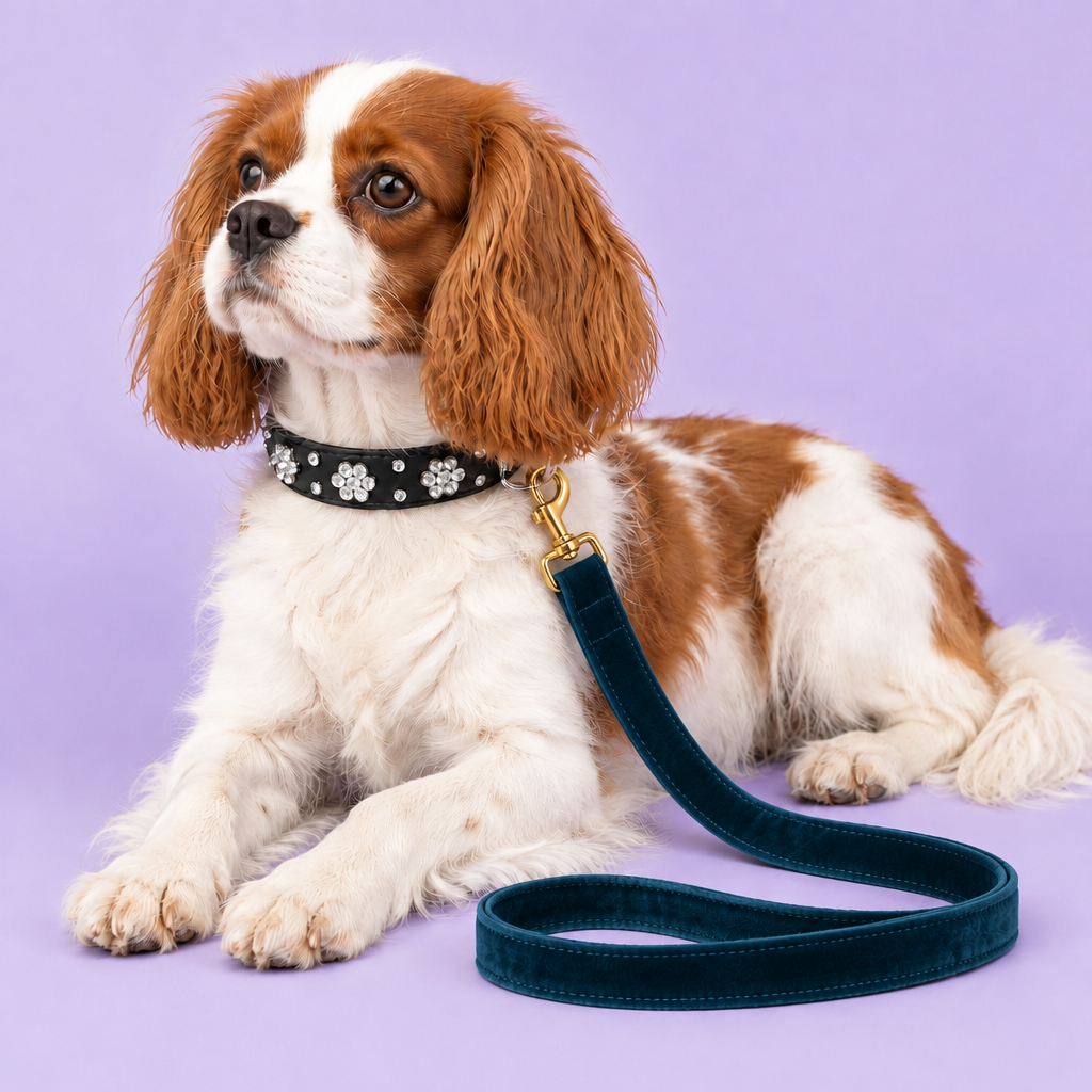 Spaniel with teal leash resting in a loop