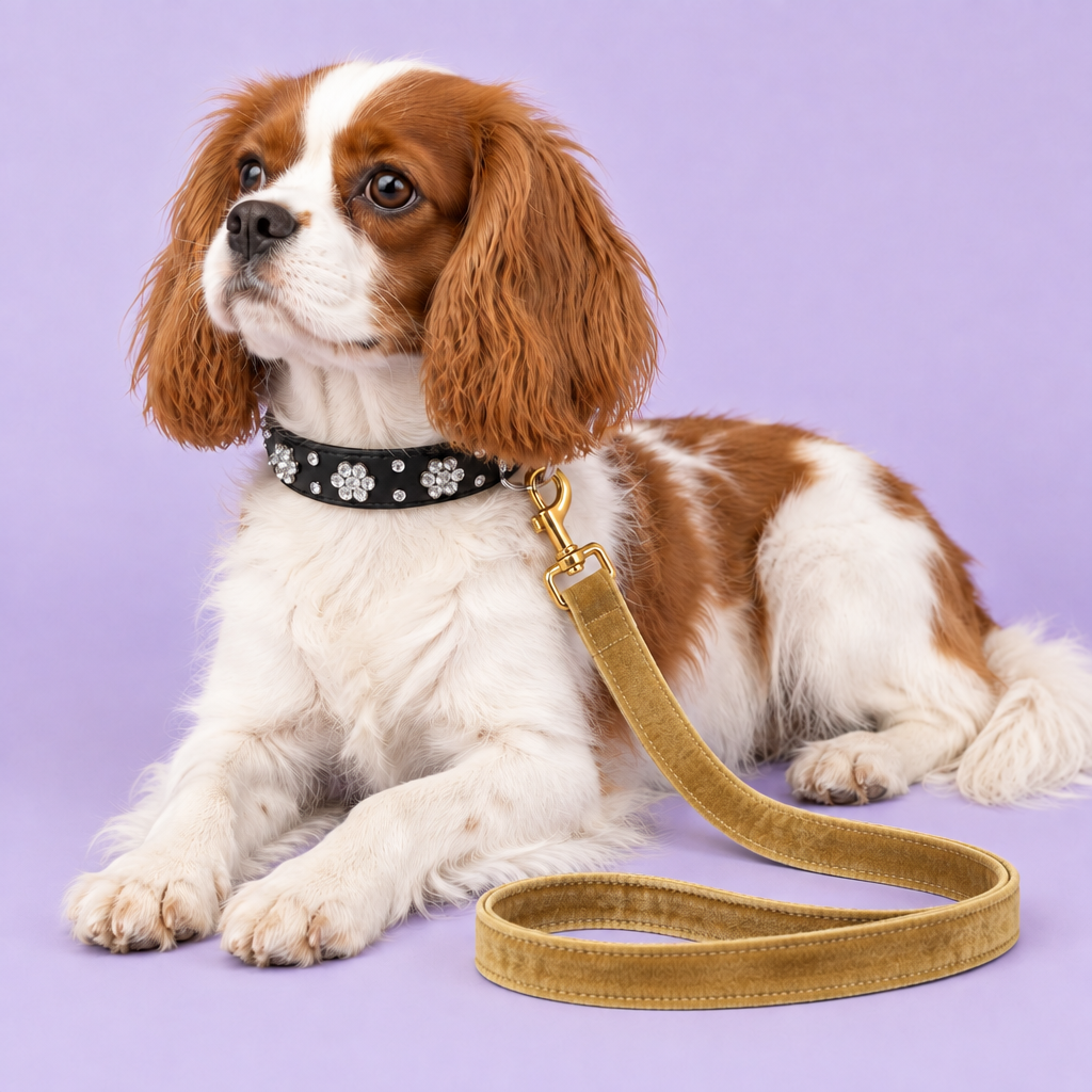 Spaniel with updated yellow velvet leash
