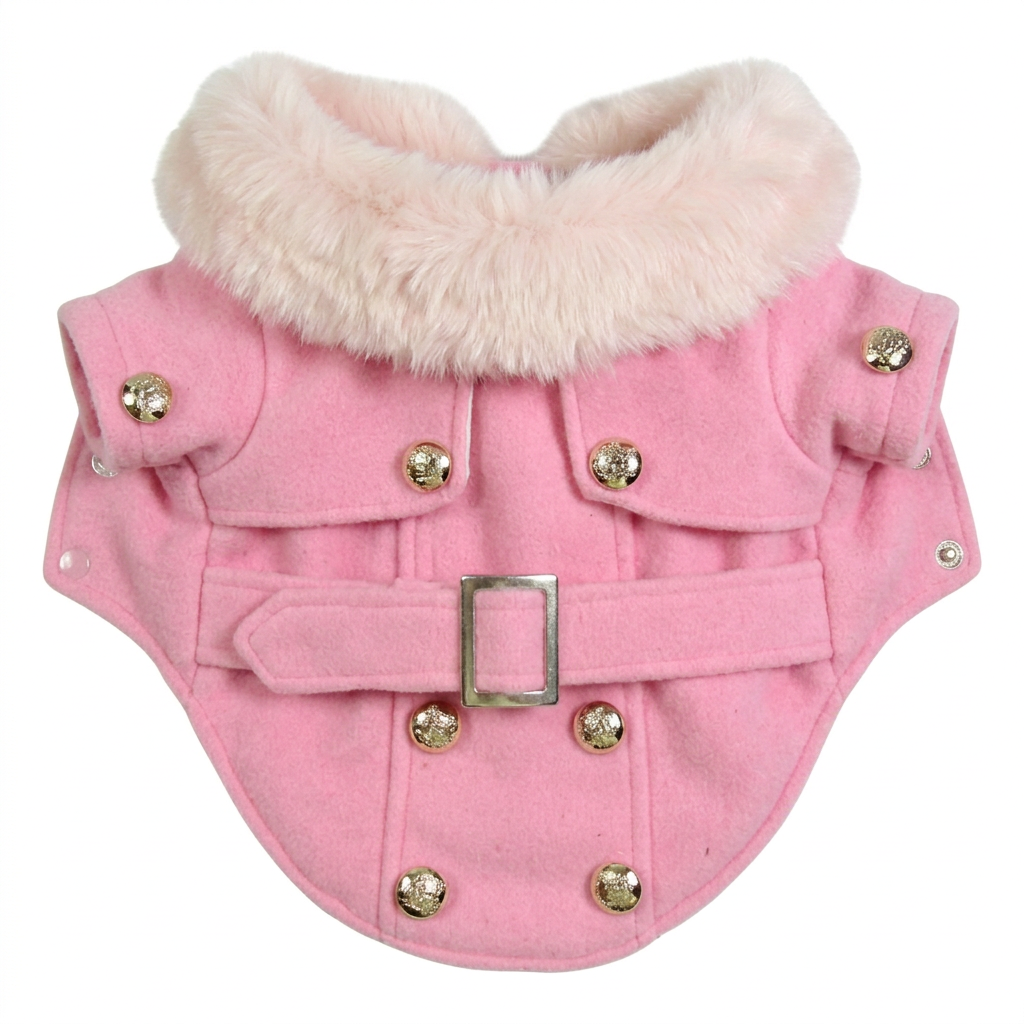 Spread-out coat recolored pink with a pale blush fur-look collar