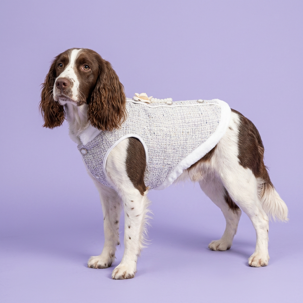 Springer spaniel standing in the silver-white jacket