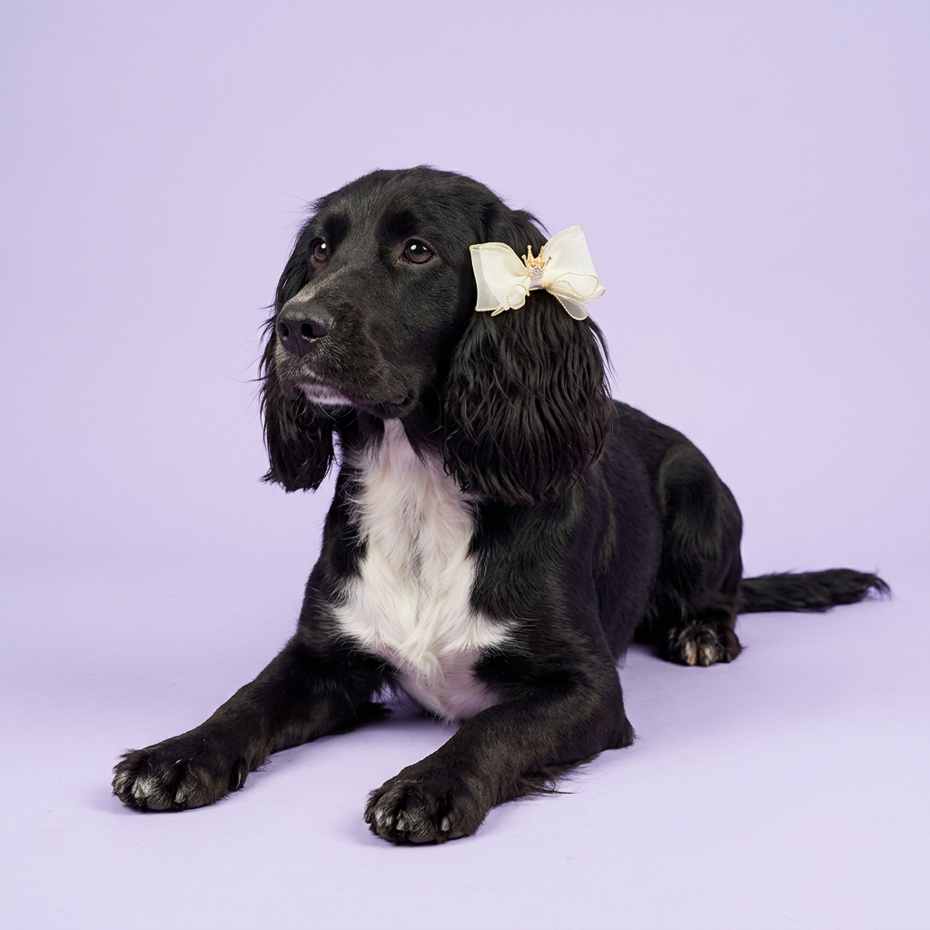 Springer spaniel wearing the ivory-and-gold crown bow