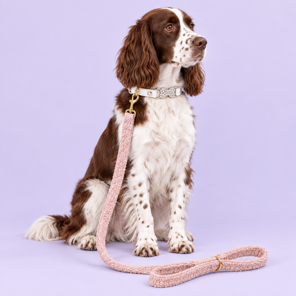 Springer spaniel with ivory bow collar and pink teddy-fleece leash