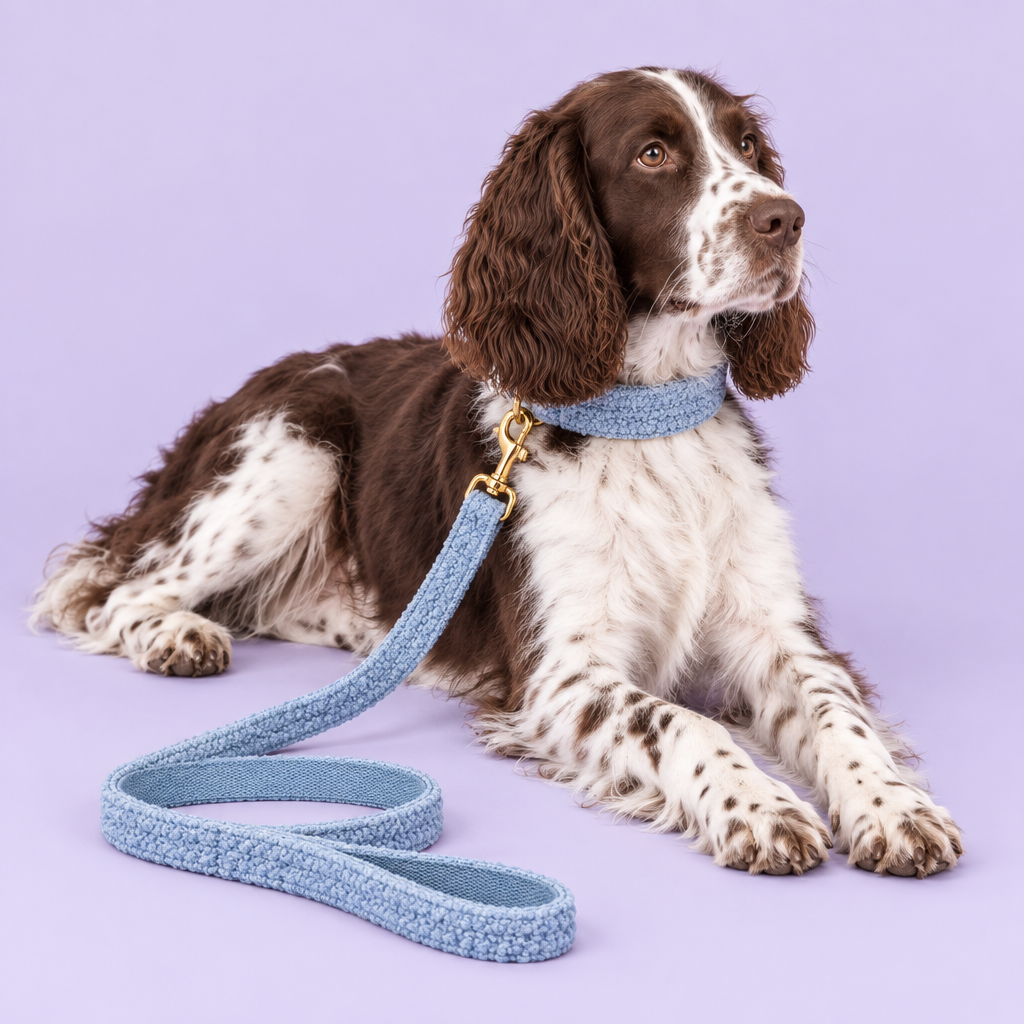 Springer Spaniel with light-blue teddy-fleece collar and leash