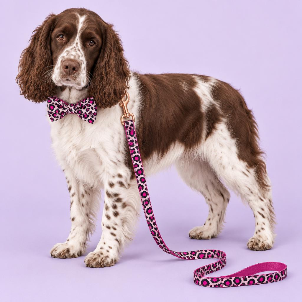 Springer Spaniel with pink leopard bow collar and leash