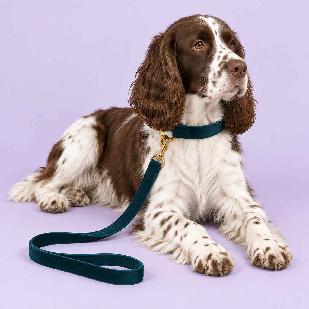 Springer Spaniel with plain teal velvet collar and leash