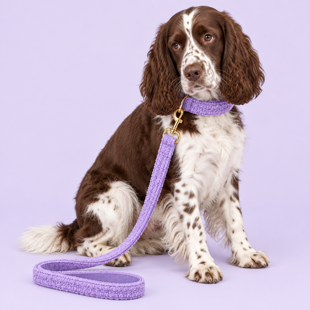 Springer Spaniel with purple teddy-fleece collar and leash