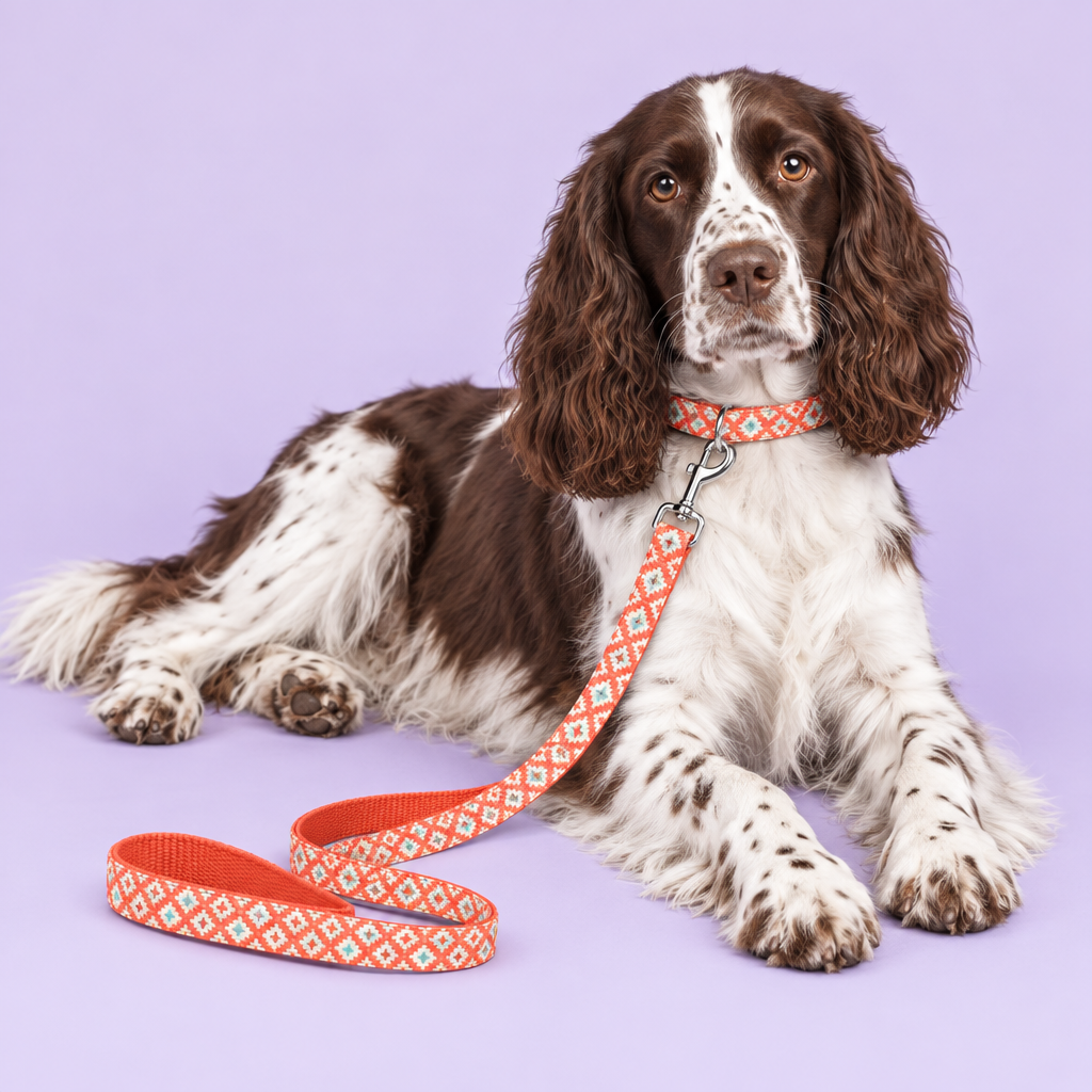 Springer spaniel with revised geometric collar and leash
