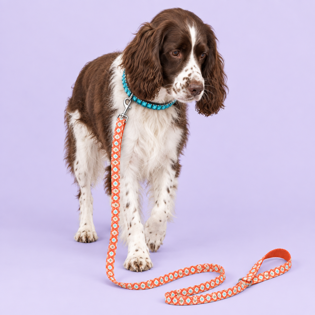 Springer spaniel with teal crystal collar and coral floral leash