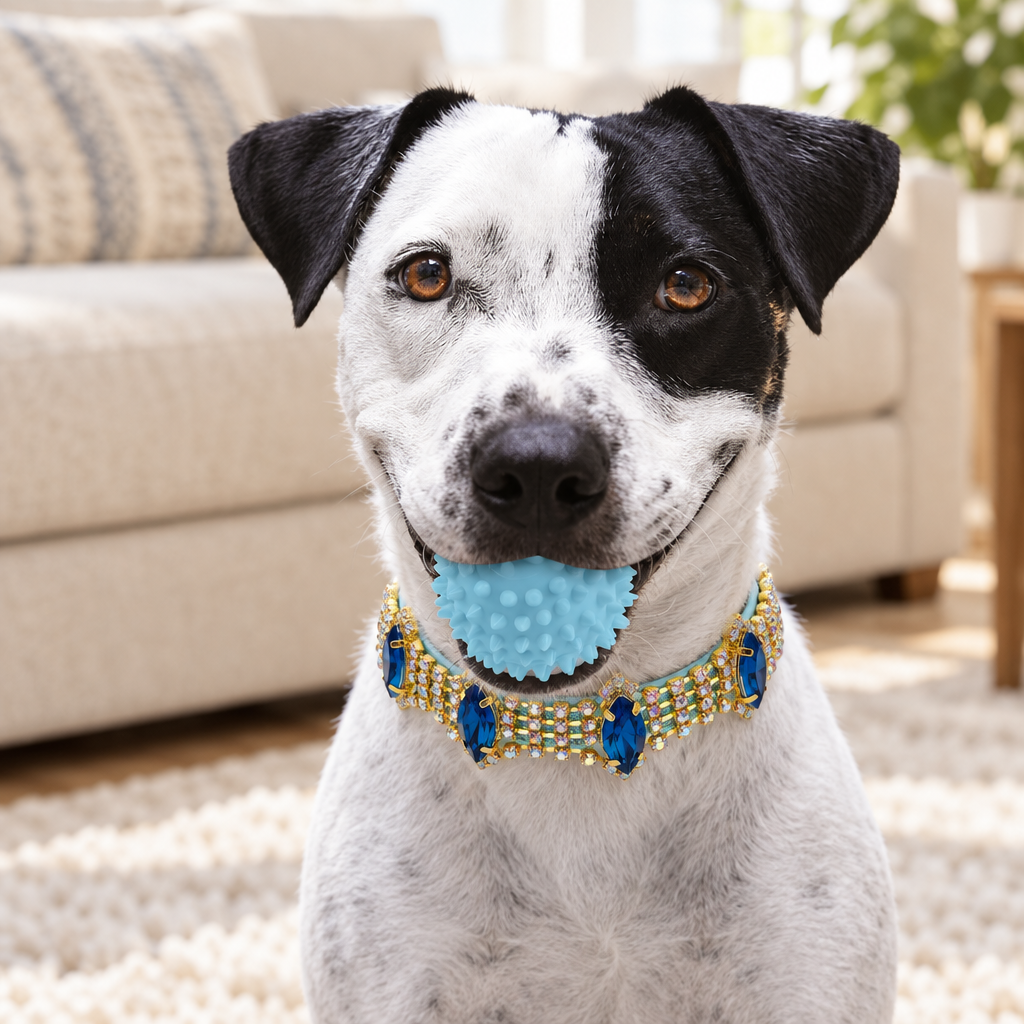 Square black-and-white dog lifestyle photo with blue ball and jeweled collar