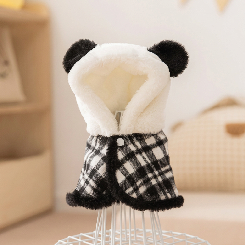 Square black-and-white hooded cape close-up