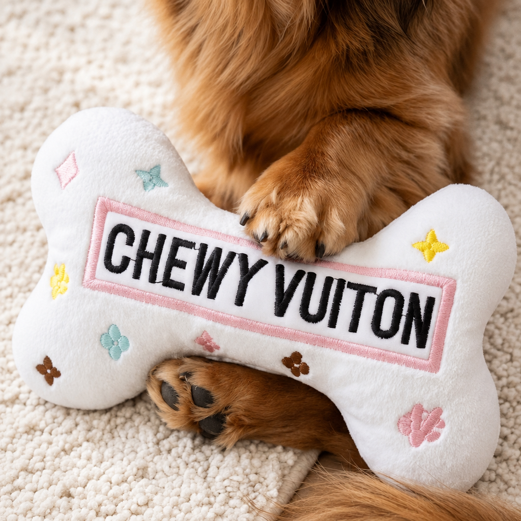 Square close-up of dog paws with Chewy Vuiton plush