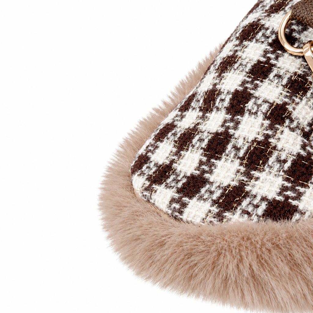 Square close-up of plaid and fur trim