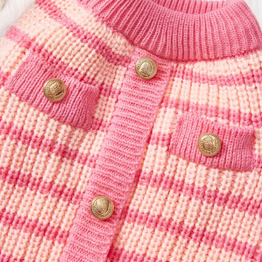 Square close-up of the pink and cream knit sweater with gold buttons