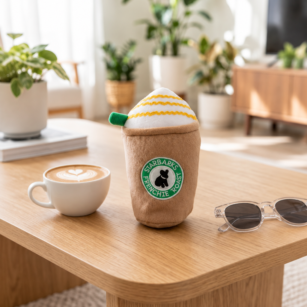 Square coffee plush product photo on wooden table without white borders