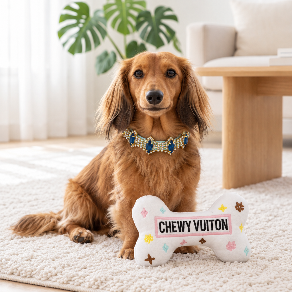 Square Dachshund lifestyle image with blue jeweled collar and bone plush