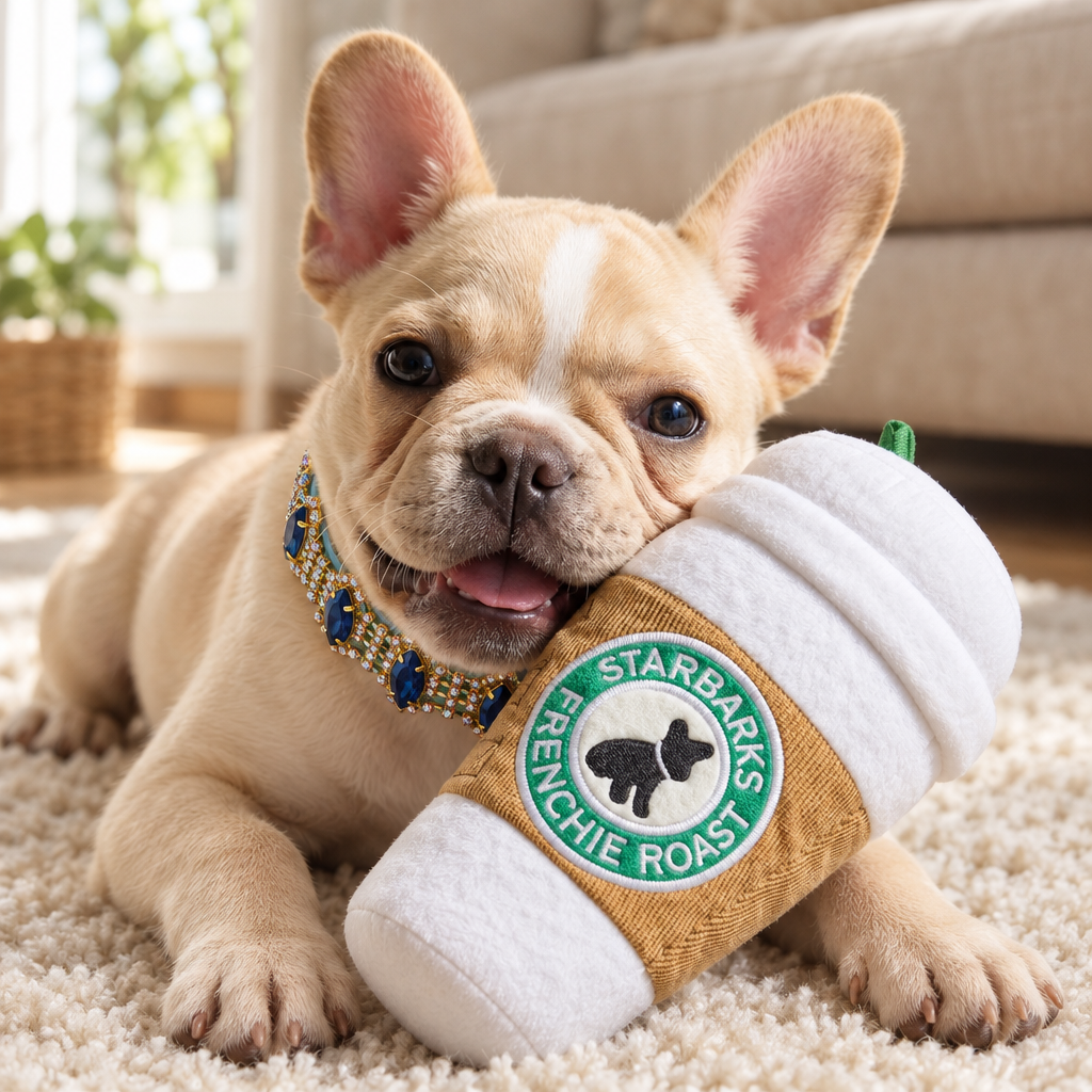 Square French Bulldog lifestyle photo wearing blue collar and playing with coffee-cup plush