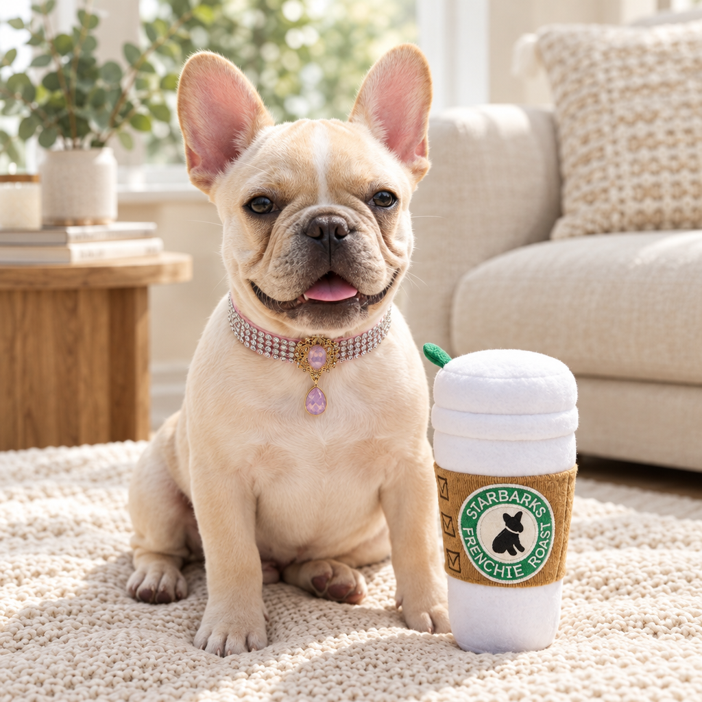 Square French Bulldog lifestyle photo wearing pink collar beside coffee-cup plush