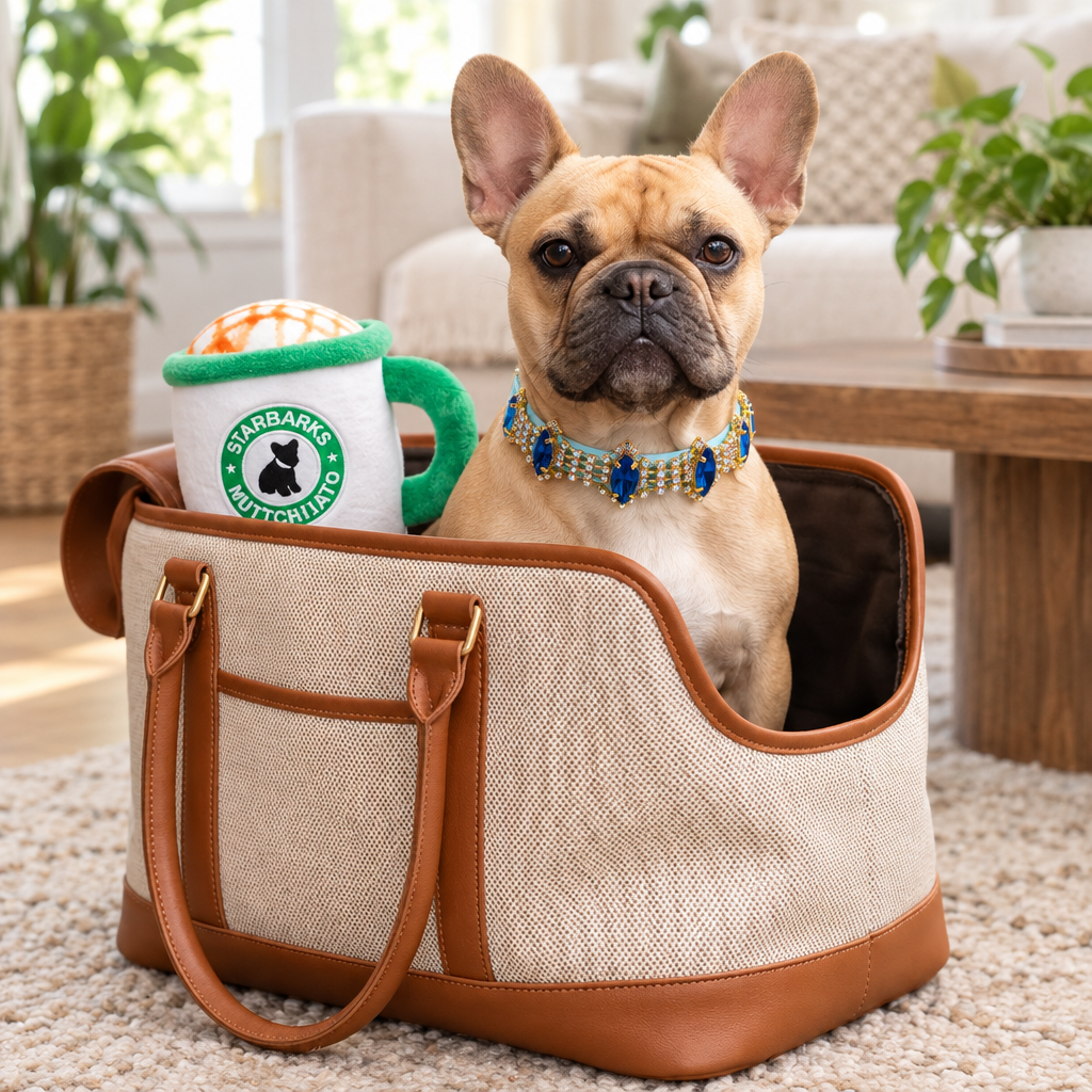 Square French Bulldog living-room image with blue collar and mug plush in carrier