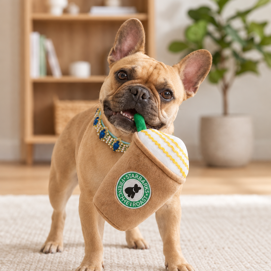 Square French Bulldog living-room photo wearing blue jeweled collar and holding drink plush