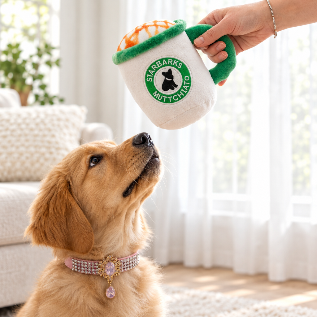 Square golden pup living-room image wearing pink collar and looking up at mug plush
