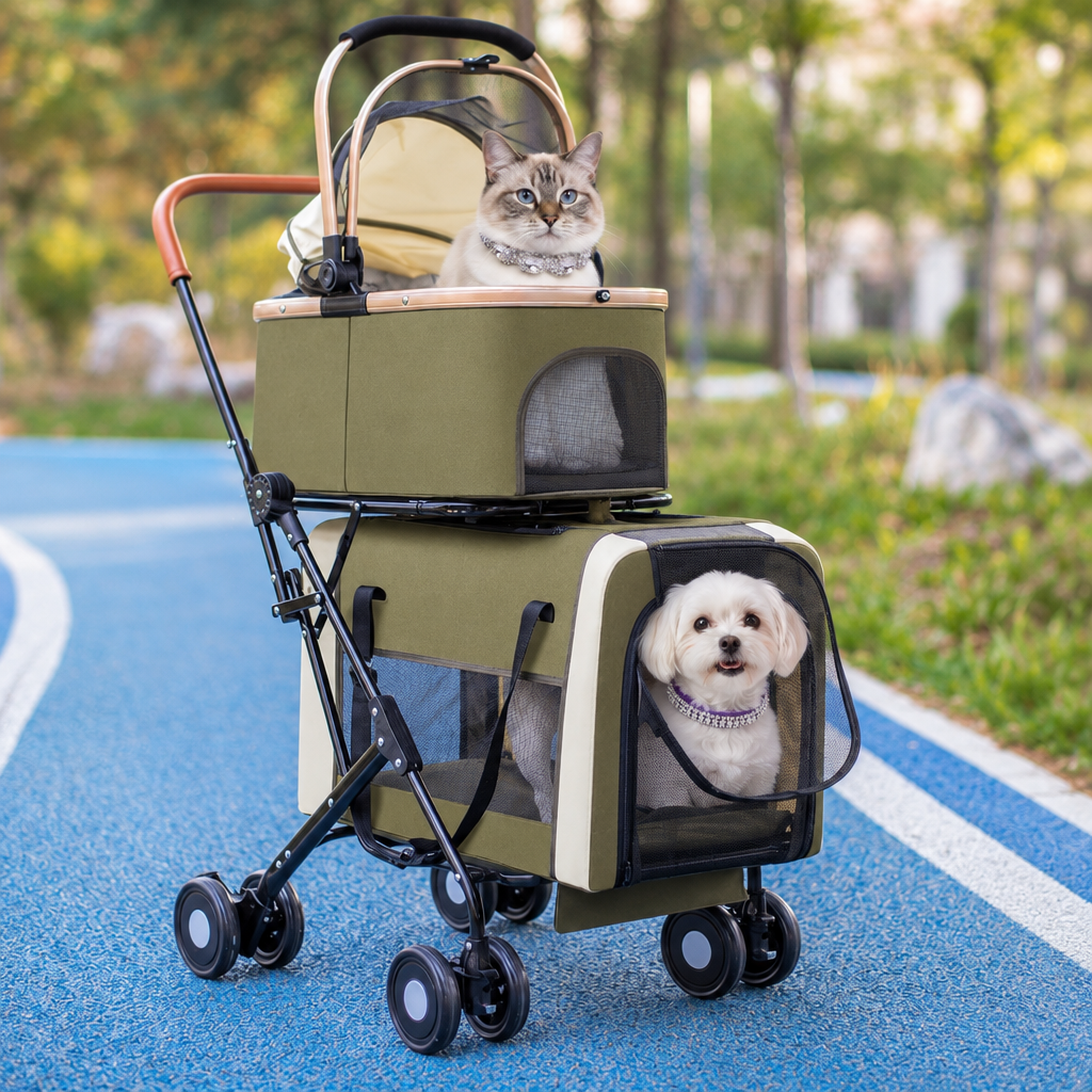 Square green double stroller with pets wearing Pretty Posh Pets collars