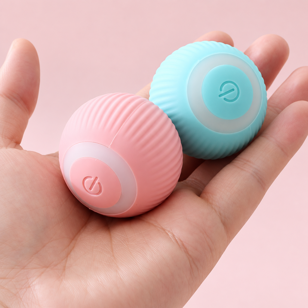 Square image of a hand holding pink and aqua toy balls