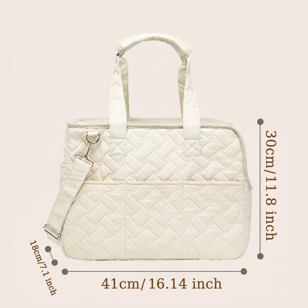 Square ivory quilted bag size graphic