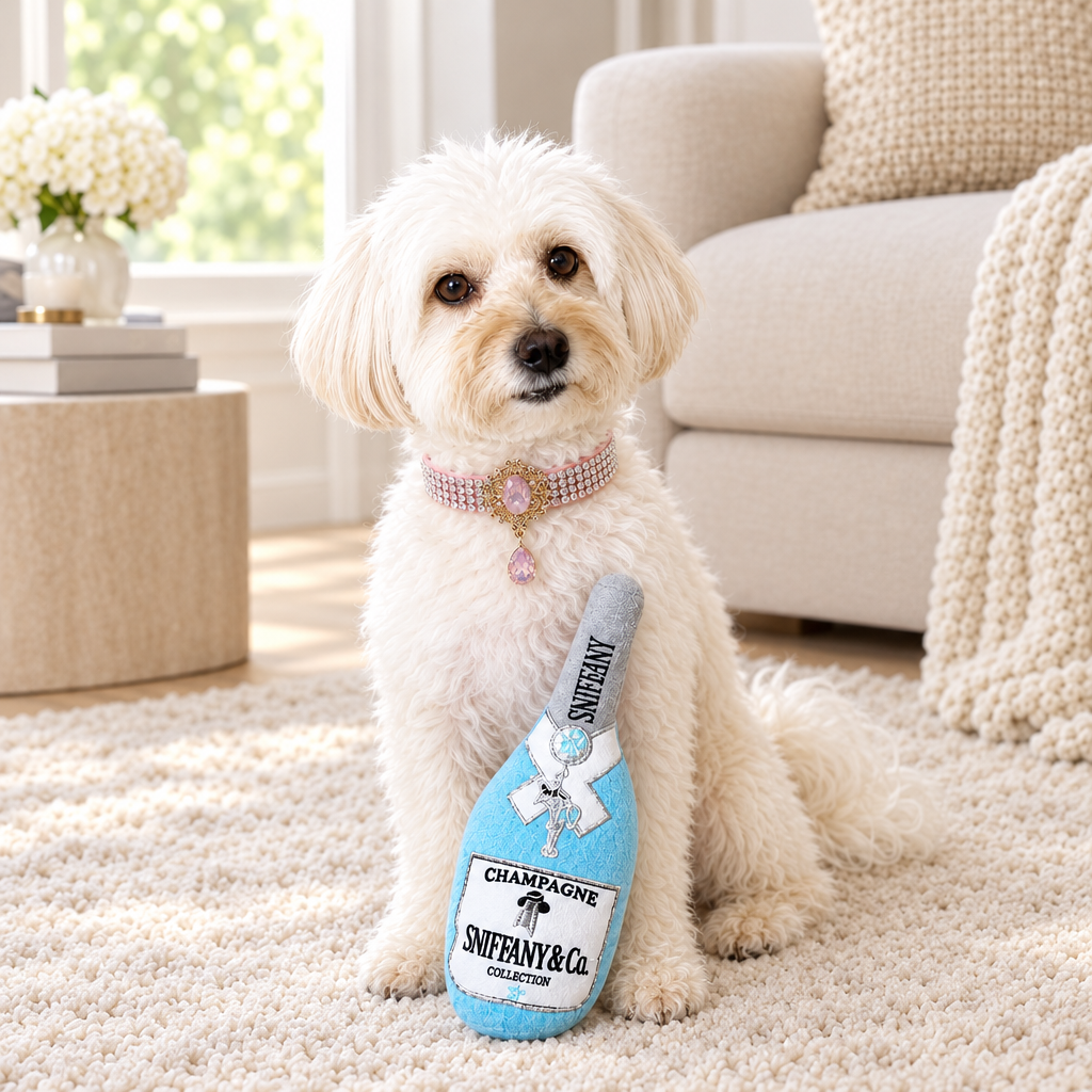 Square lifestyle image of Maltese in pink collar with blue plush