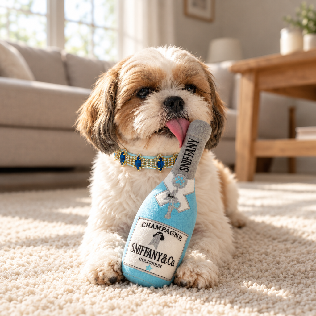 Square lifestyle image of Shih Tzu in blue collar with blue plush