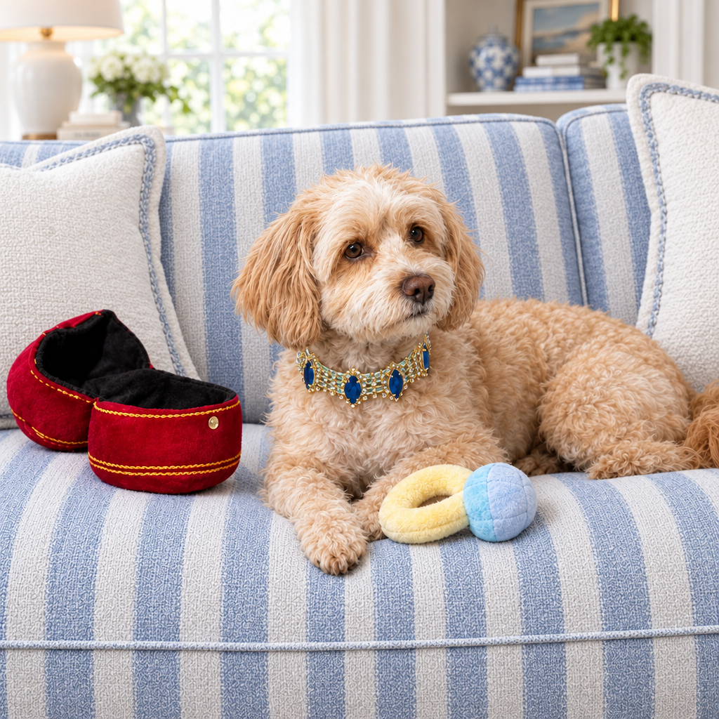 Square living-room photo of tan dog wearing blue jeweled collar beside ring plush