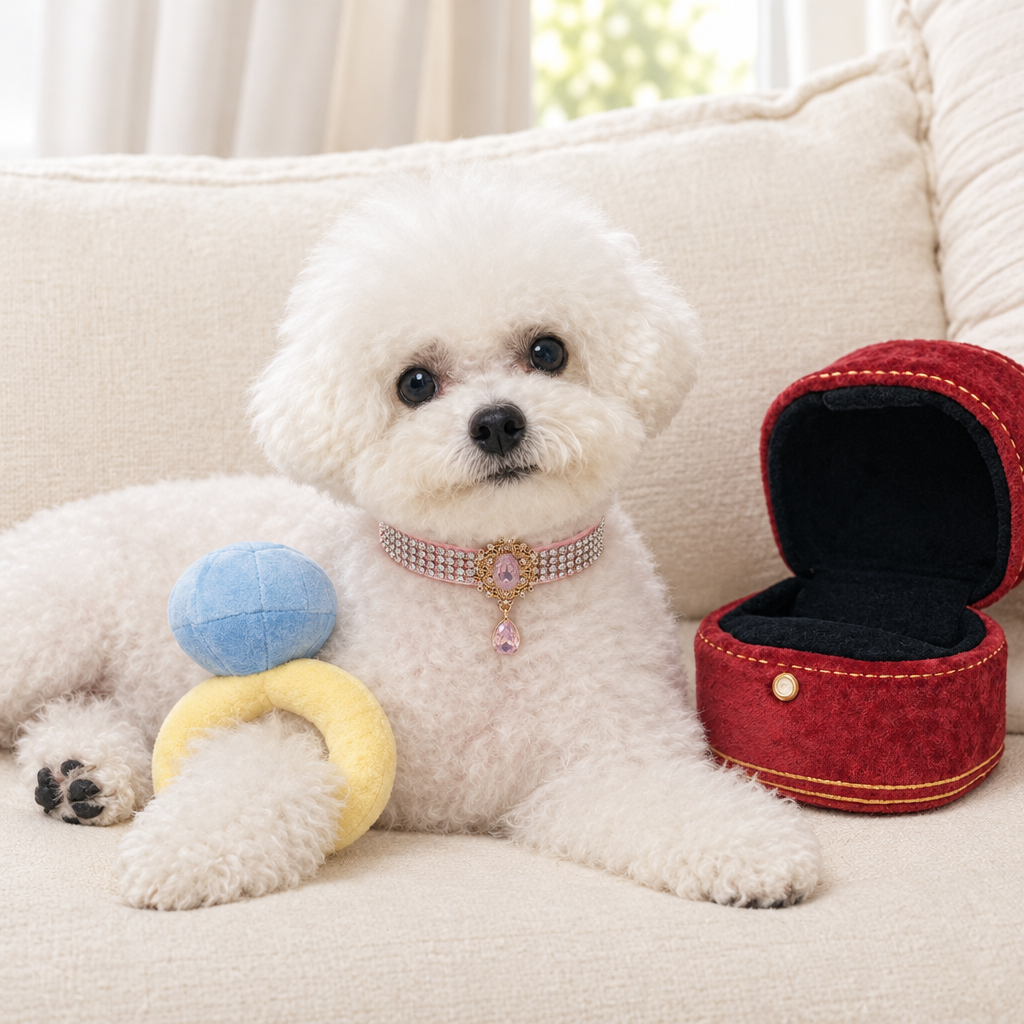 Square living-room photo of white dog wearing pink pendant collar with ring plush