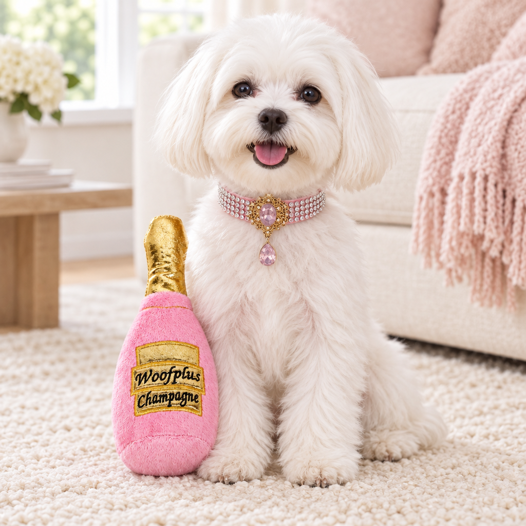Square Maltese lifestyle photo wearing pink jeweled collar beside pink champagne plush