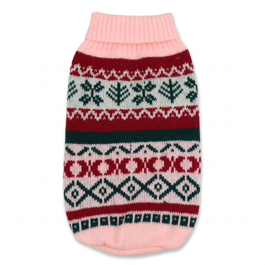Square pink Fair Isle sweater product image matched to the gray sweater’s scale and presentation