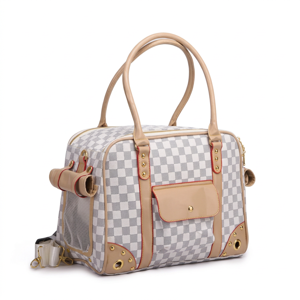 Square product image of the checkered pet carrier