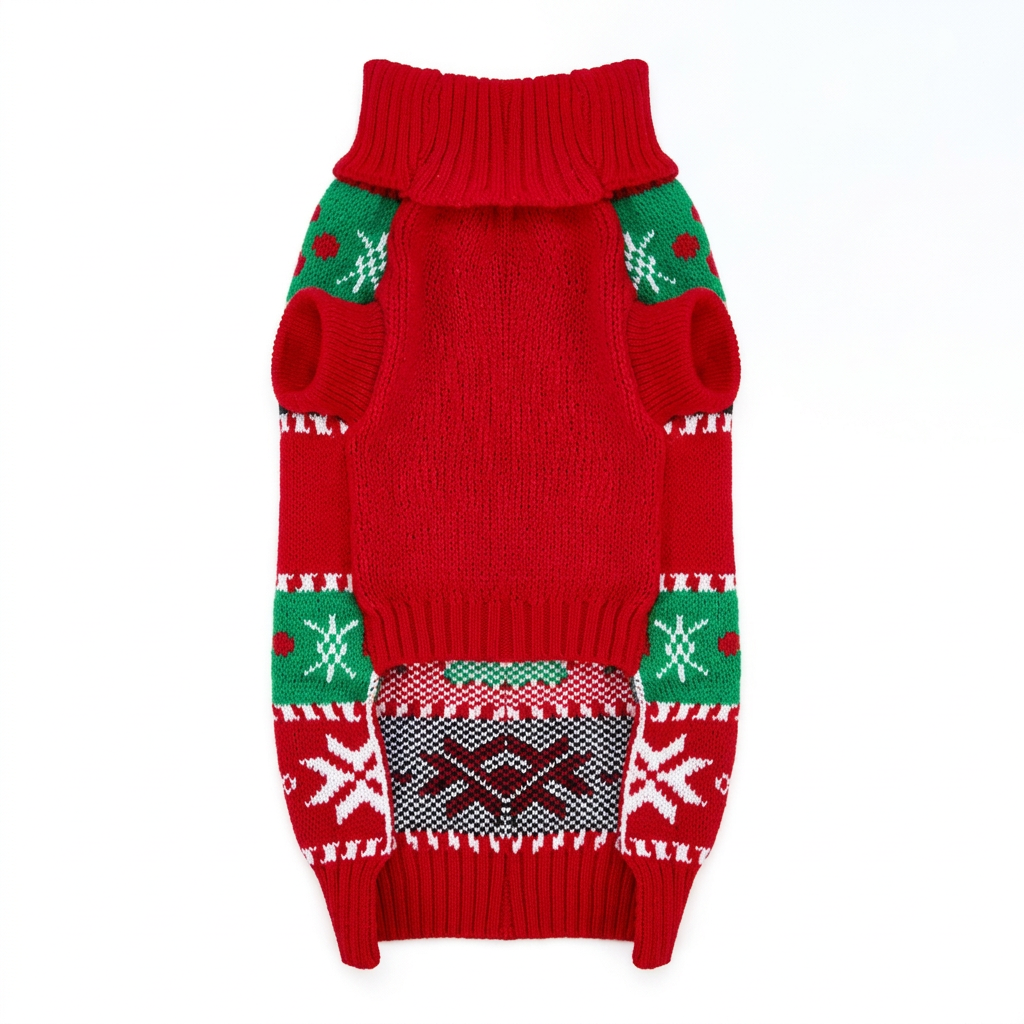 Square product image of the red-and-green Christmas dog sweater on white
