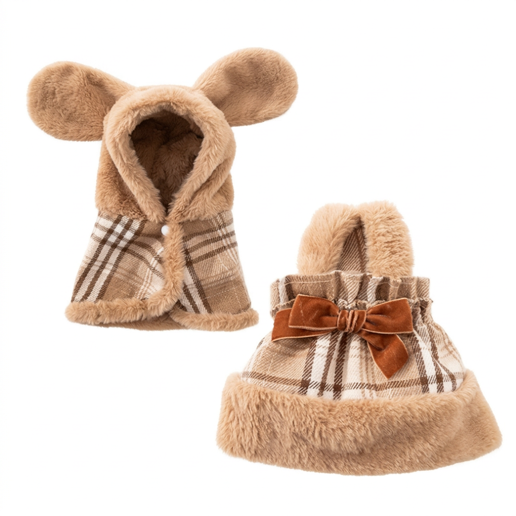 Square product image showing both views of the tan plaid bear-ear pet outfit