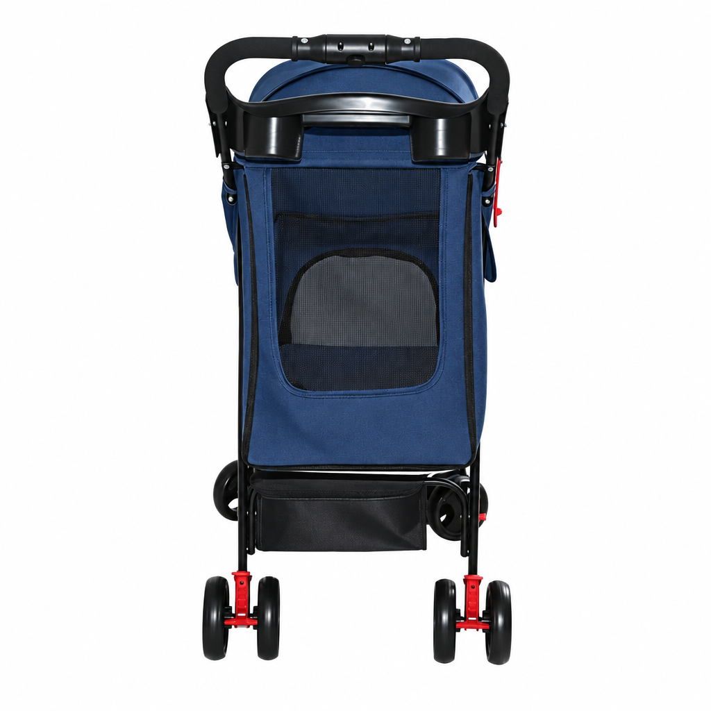Square rear view of navy pet stroller