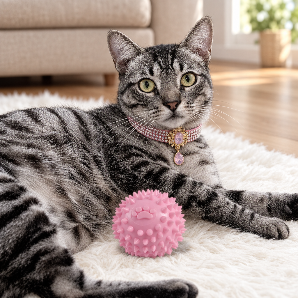 Square tabby cat lifestyle photo with pink ball and pink jeweled collar