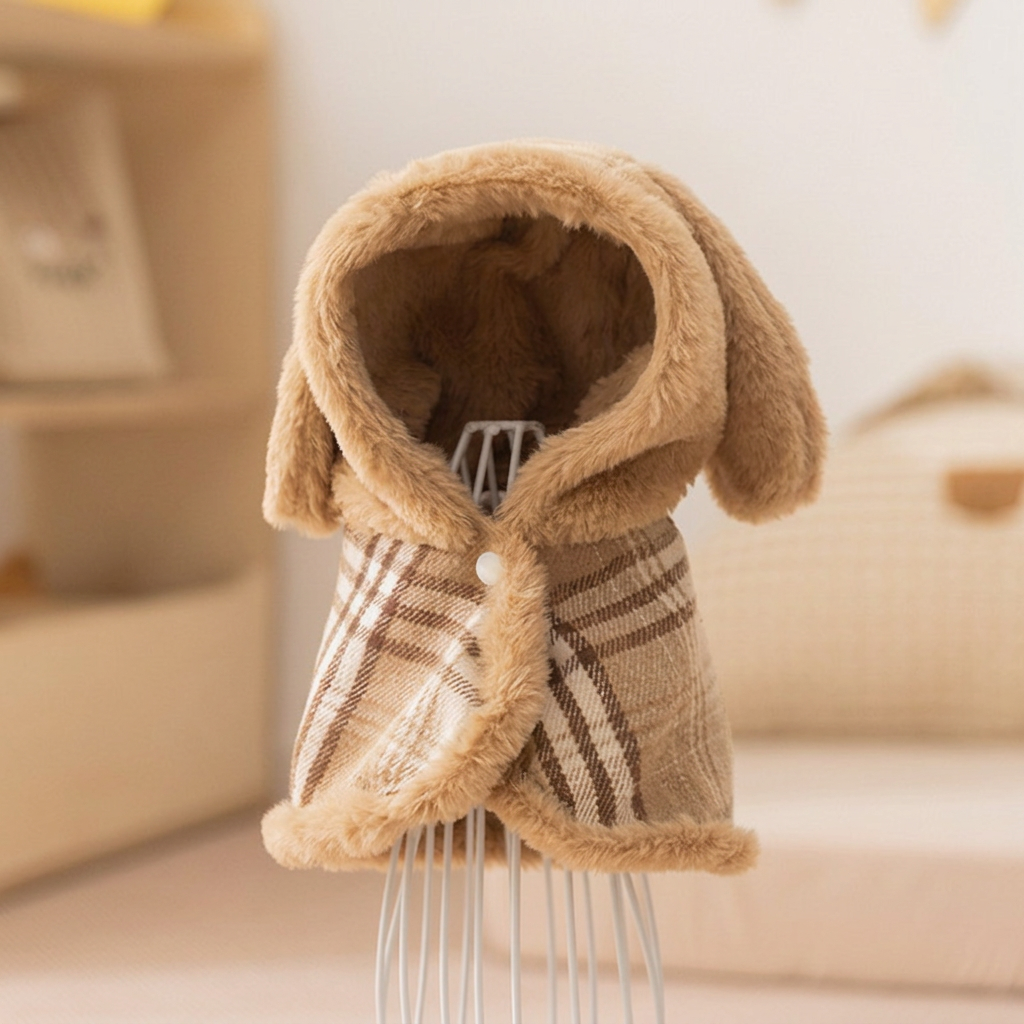 Square tan hooded cape close-up