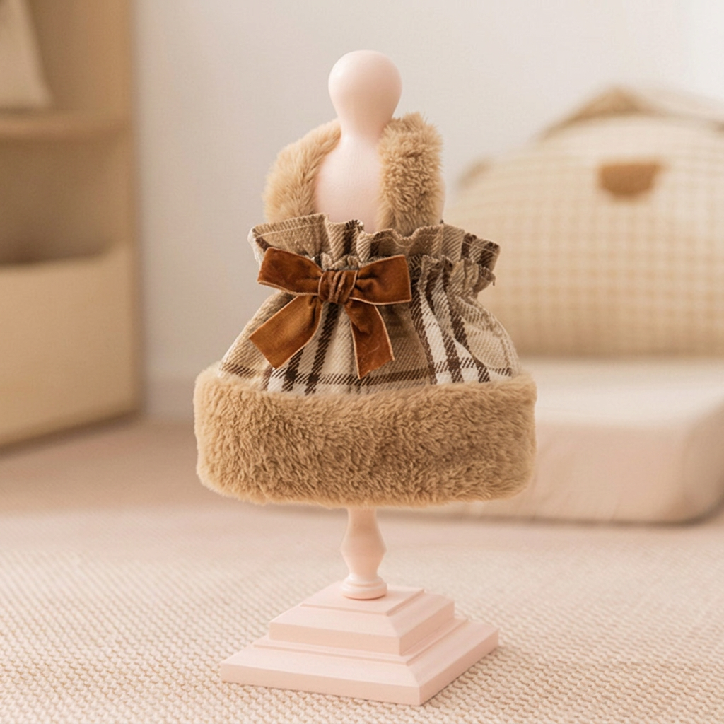 Square tan plaid bow garment back view